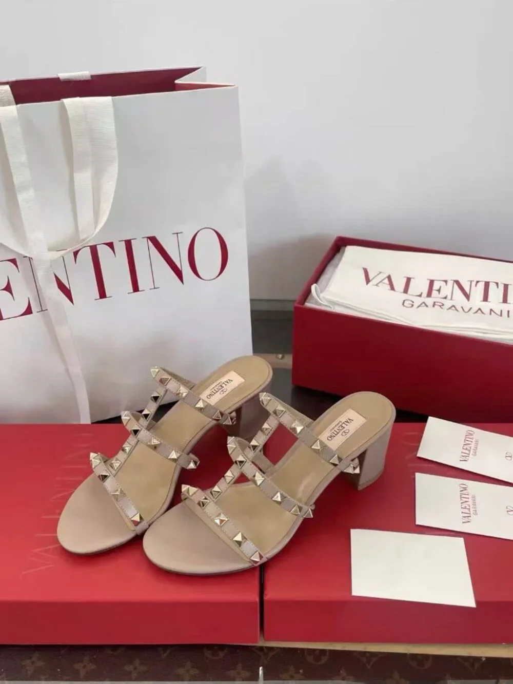 Valentino Rockstud Nude Leather Block‑Heel Slide Sandals